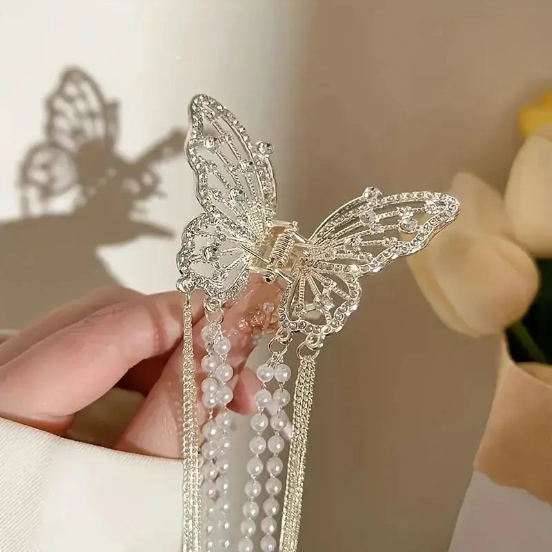 Diamond Hollow Butterfly Tassel Hair Accessories, Pearl Bead Chain Back True Value