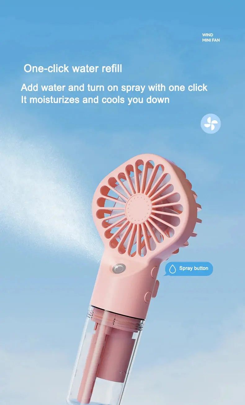 Mini fan with charging cable and spray. True Value