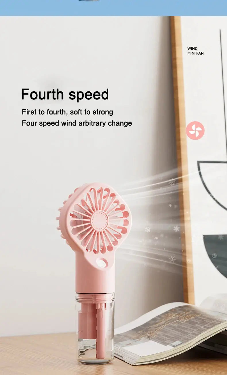 Mini fan with charging cable and spray. True Value