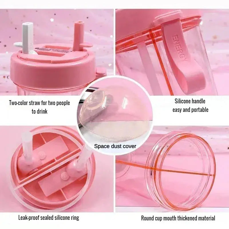 Double Drinking Bottle, double Straw Cup with Handle Portable Plas True Value