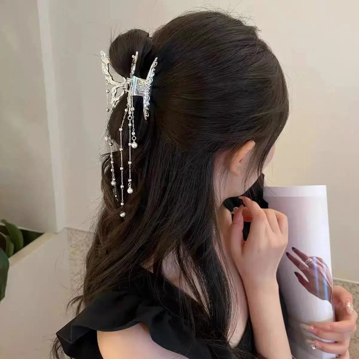 Simple Hair Claw Clip Butterfly Pearl Tassel Hair Clip True Value