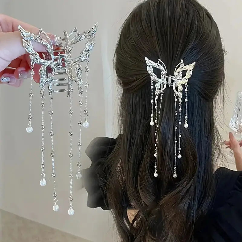 Simple Hair Claw Clip Butterfly Pearl Tassel Hair Clip True Value